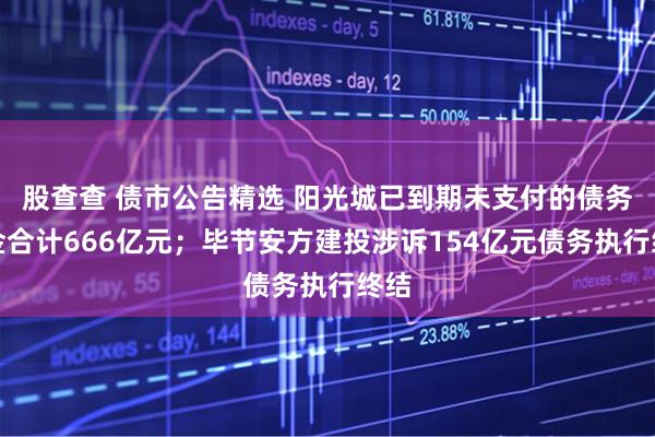 股查查 债市公告精选 阳光城已到期未支付的债务本金合计666亿元；毕节安方建投涉诉154亿元债务执行终结